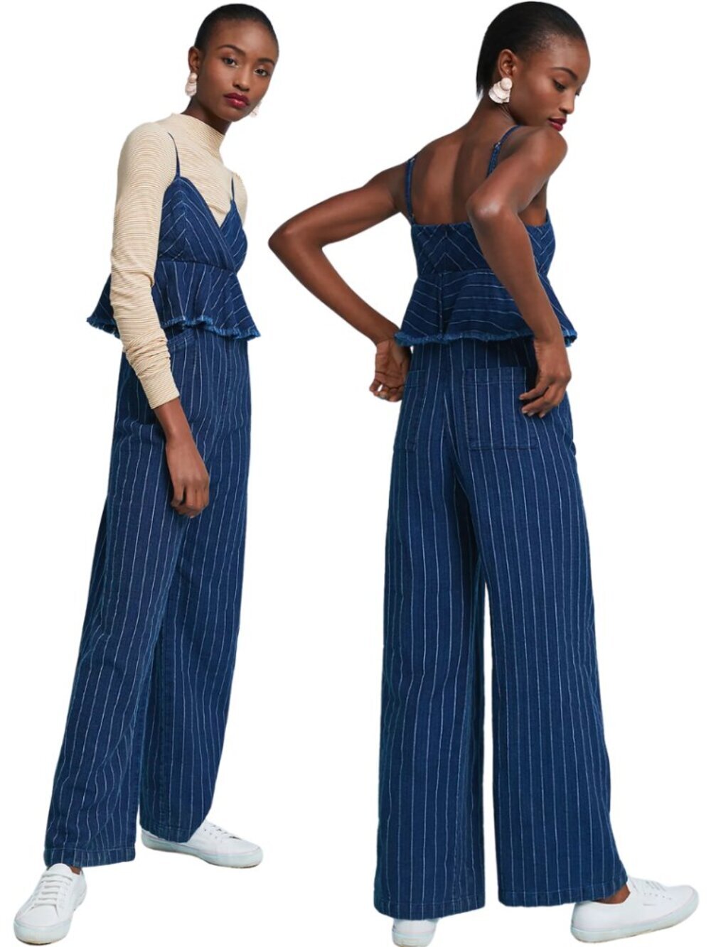 Anthropologie ett:twa Striped Jumpsuit Wide Leg Womens Small Blue Pinstripe Boho